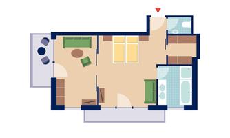 A floor plan of an apartment with a living room, bedroom, bathroom, and kitchen. The furniture is drawn schematically.