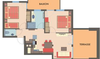 A simple floor plan of an apartment with a balcony and a terrace. The rooms are clearly structured and generously designed.