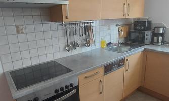A modern kitchen with wooden cabinets and stainless steel appliances. The room is bright and tidy.