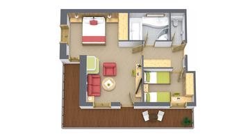 A floor plan of an apartment with two bedrooms and one bathroom. The furniture is simply arranged and creates a cozy atmosphere.