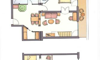 A floor plan drawing of an apartment with two levels. The upper level shows the living and dining area as well as a bathroom, while the lower level represents the bedrooms and staircase.