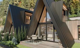 Two modern, triangular buildings made of wood and dark materials in a natural environment. Green shrubs and a terrace with garden furniture complete the scene.