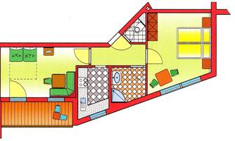 A colored floor plan of an apartment. It shows the arrangement of rooms, including living and bedrooms, bathroom, and kitchen.