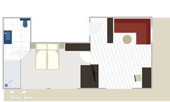 A simple floor plan drawing of an apartment with one bedroom, one bathroom, and a living area. The furniture is represented schematically, including a bed and a couch.