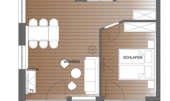 A floor plan of an apartment with various rooms. The areas include kitchen, dining room, living room, bedroom, and a bathroom.