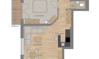 A well-designed apartment with various rooms, including a bedroom, living room, and kitchen. The terrace and balcony provide additional outdoor areas.