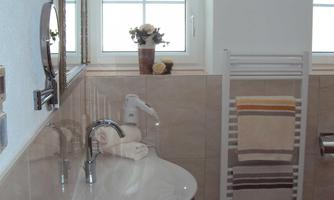 A modern bathroom with a sink and a large mirror. Towels are hanging on the wall and a small plant is on the windowsill.