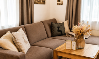 A cozy living room corner with a brown sofa and decorative cushions. On the table sits a glass with dried flowers and two small information cards.