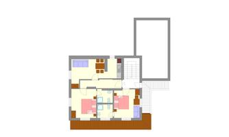 A floor plan drawing of a house with different rooms. The areas are color-coded and contain furniture arrangements.