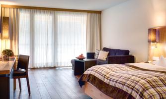 A modern hotel room with a large bed and elegant furnishings. Large windows provide plenty of daylight and a view outside.