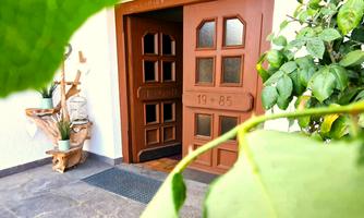 An inviting front door with wood details and large windows. Green leaves frame the entrance, creating a friendly atmosphere.
