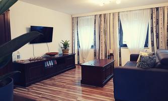 A modern living room with a dark blue couch and a wooden coffee table. Large windows with curtains bring in light, and a green plant stands in the foreground.