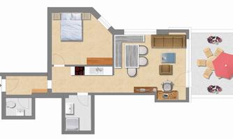 A simple floor plan drawing of an apartment with one bedroom, one bathroom, and a small garden area. The living area includes a kitchen and a dining area with a table and chairs.
