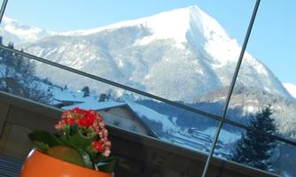 A beautiful view of a snow-covered mountain through a large window front. In the foreground, there is a blooming plant in an orange pot.