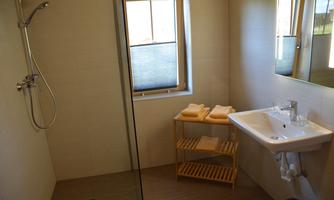 A modern bathroom with a shower cabin and a sink. Towels are ready on a wooden shelf.