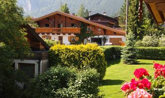 An idyllic landscape with traditional chalets and lush greenery. Colorful flowers adorn the foreground, while the mountains are visible in the background.