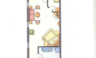 A schematic representation of an apartment with several rooms. The design includes a living room, a kitchen, and a dining area.