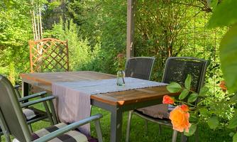 A cozy garden table with chairs under a pavilion, surrounded by green plants. A blooming rose adds a charming accent to the scene.