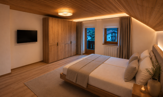 A modern bedroom with wooden furniture and large windows. The soft lighting creates a cozy atmosphere.