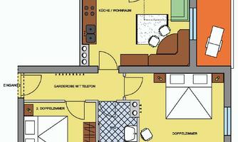 Floor plan of an apartment with several rooms. It shows a kitchen, living room, two bedrooms, and balconies.