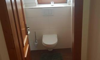 A small, modern bathroom with multi-part wood paneling. The toilet is placed in front of a window and a rug lies on the floor.