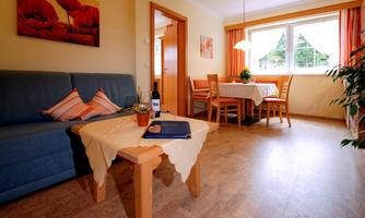 A cozy living room with a blue sofa and a wooden table. The room is brightly lit and offers a view of a green garden.
