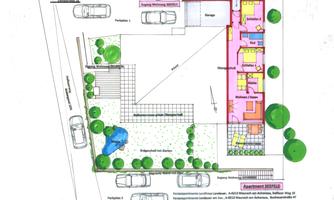 A detailed plot plan for an apartment with various rooms. The layout shows parking spaces, a garden, and a water area.