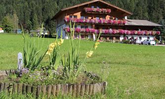 A beautiful chalet surrounded by green meadows and colorful flowers. In the background, the forests of the mountains are visible.