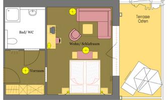 A floor plan sketch of an apartment featuring a living/sleeping area, bathroom/WC, and a terrace facing east. The arrangement of the furniture is depicted simply and functionally.