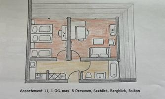 A schematic representation of an apartment with two bedrooms, a living room, and a kitchen. It accommodates up to five people and features a balcony with a view.