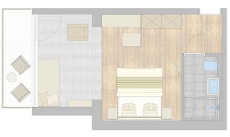 A floor plan of a room with a bedroom, a bathroom, and a small living area. The room is designed in a modern and bright style.