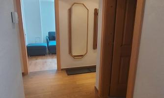 A bright corridor with wooden flooring and light walls. On the left side, there is a mirror and a door to another room.