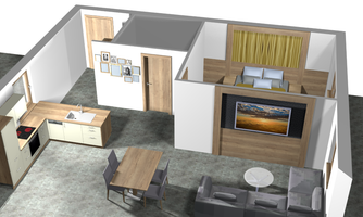 A modern apartment with an open kitchen and a living area. The sleeping area is separated by a wall and has a large bed as well as a television.