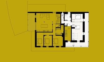 A floor plan of a modern house with several bedrooms and an open living area. The rooms are clearly defined and well arranged.