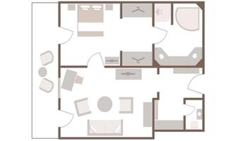 A simple floor plan drawing of an apartment. The rooms are clearly structured and show living, sleeping, and bathroom areas.