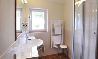 A modern bathroom with a shower and a sink. Bright walls and plenty of daylight create a friendly atmosphere.