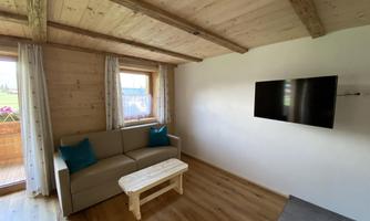 A cozy living room with a wooden ceiling and large windows. A sofa with cushions and a TV on the wall provide an inviting atmosphere.