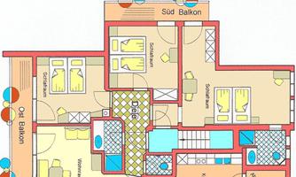 An apartment view of the Alpina apartment. The floor plan shows several bedrooms, bathrooms, and balconies.