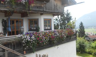 A charming house with a blooming balcony in the Alps. The surroundings are green and picturesque.