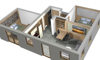 A modern room layout with an open living area, a kitchen, and two bedrooms. The room is brightly furnished and has large windows.