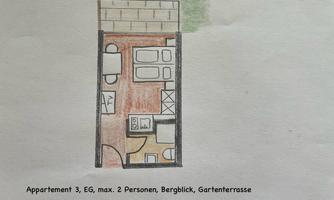 A simple floor plan drawing of a ground floor apartment. The apartment accommodates a maximum of two people and has a view of the garden.