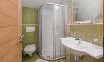 A modern bathroom with a shower and a sink. The walls are tiled in green and there is a wooden and glass door.