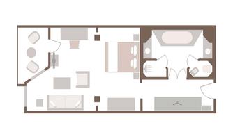 A simple floor plan representation of an apartment. The rooms are clearly arranged, with areas for living, dining, and sleeping.