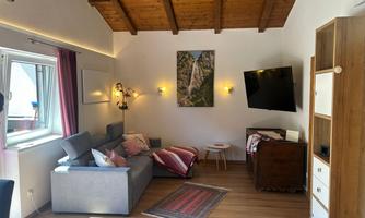 A cozy living room with a gray sofa, a television, and beautiful wall decoration. The light is bright and the room has a warm atmosphere.