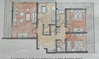 An apartment floor plan drawing with various rooms and a balcony. The apartment accommodates up to 9 people and has a lake view.