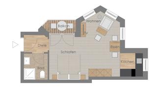 A floor plan sketch of an apartment with various rooms. The rooms include a bedroom, a bathroom, a kitchen, a living area, and a balcony.