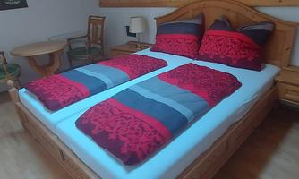 A cozy bedroom with a double bed and red pillows. The wooden walls and ceiling give it a warm, inviting character.