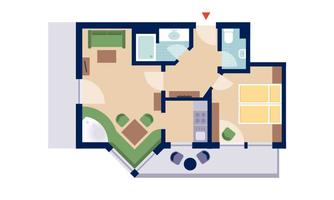 A floor plan of an apartment with two bedrooms, a bathroom, and an open living area. The rooms are simply and clearly arranged.