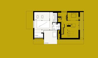 A floor plan of a modern apartment in black and white on a yellow background. The representation shows the arrangement of rooms, furniture, and facilities.