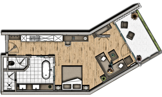 A modern apartment layout with an open living area, bedroom, and bathroom. The area features a balcony with seating.